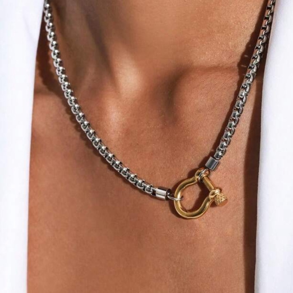 Two-Tone Chain Necklace with Gold Padlock Accent